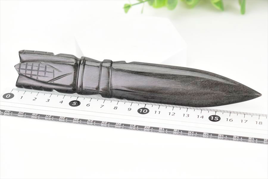 シルバーオブシディアン　黒曜石　置物　インテリア　オブジェ　ナイフ　刀　ハンドメイド　一点物　オブシディアン　天然石　パワーストーン