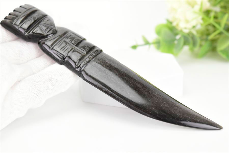 シルバーオブシディアン　黒曜石　置物　インテリア　オブジェ　ナイフ　刀　ハンドメイド　一点物　オブシディアン　天然石　パワーストーン