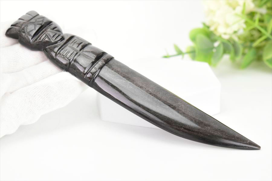 シルバーオブシディアン　黒曜石　置物　インテリア　オブジェ　ナイフ　刀　ハンドメイド　一点物　オブシディアン　天然石　パワーストーン