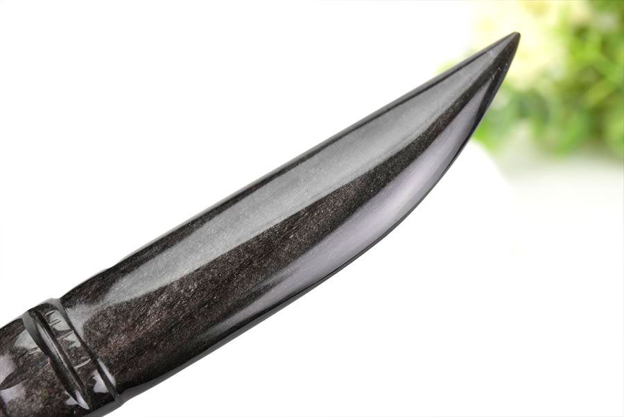 シルバーオブシディアン　黒曜石　置物　インテリア　オブジェ　ナイフ　刀　ハンドメイド　一点物　オブシディアン　天然石　パワーストーン